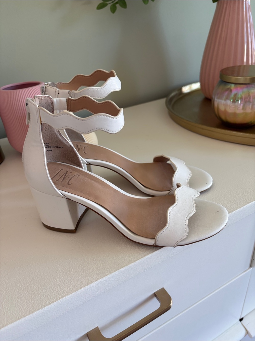 INC International Concepts White Scalloped Ankle Strap Block Heel Sandals